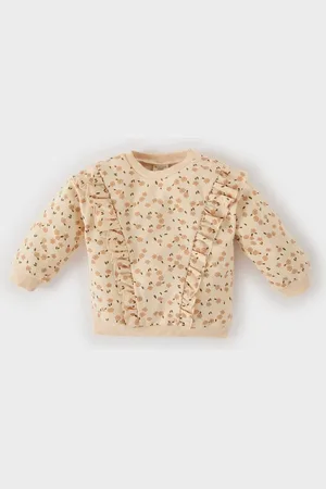 DeFacto Baby Girl Crew Neck Floral Patterned Soft Furry Sweatshirt