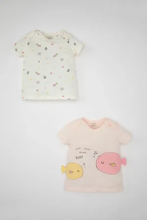 DeFacto Baby Girl Newborn Envelope Collar Sea Printed Combed Cotton 2-Pack Short Sleeve T-Shirt