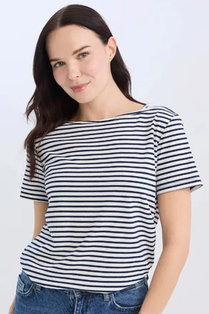 DeFacto Regular Fit Boat Neck Striped Short Sleeve T-Shirt