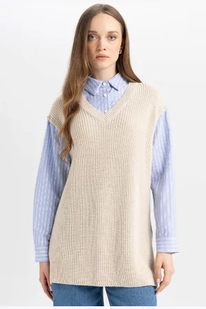 DeFacto Regular Fit V Neck Side Slit Knitwear Sweater Tunic