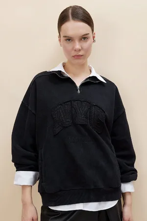 DeFacto Oversize Fit Half Zipper Printed Thick Fabric Washed Faded Effect Sweatshirt