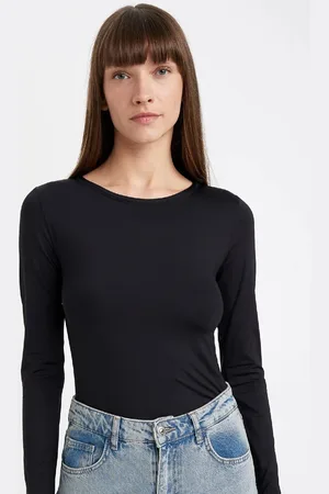 DeFacto Black Slim Fit Slim Cut Crew Neck Basic Plain Long Sleeve T-Shirt