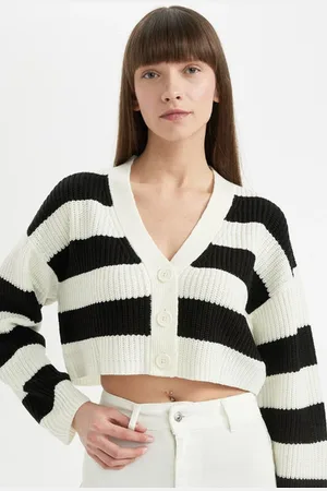 DeFacto Regular Fit V Neck Striped Buttoned Knitted Cardigan