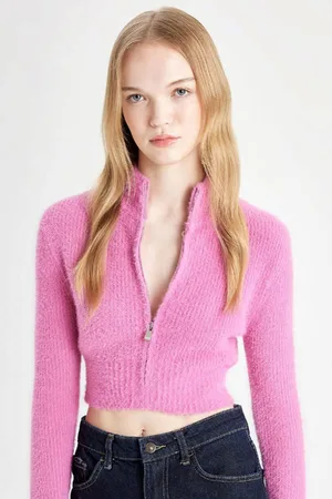 DeFacto Coool Crop Basic Plain Zipper Stand Collar Knitwear Cardigan