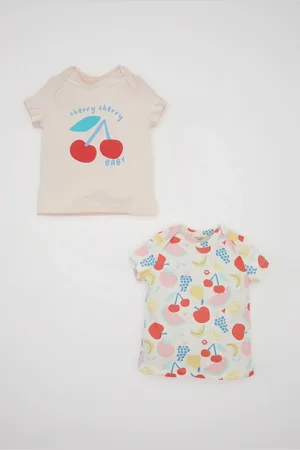 DeFacto Baby Girl Newborn Envelope Collar Fruit Patterned Combed Cotton Short Sleeve 2-Pack Snap T-Shirt