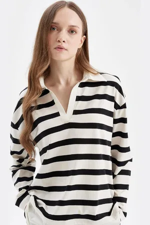 DeFacto Regular Fit Striped Polo Neck Hem Detailed Long Sleeve T-Shirt Tunic
