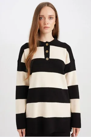 DeFacto Regular Fit Polo Collar Buttoned Striped Sweater Tunic