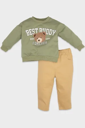 DeFacto Baby Boy 2-Piece Set Crew Neck Teddy Bear Printed Sweatshirt Elastic Waist Trousers