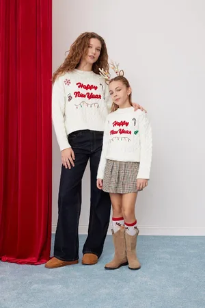 DeFacto Girl Ecru Oversize Wide Pattern Crew Neck Christmas Themed Knitwear Sweater