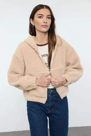Trendyol Dark Beige Plush Regular/Normal Pattern Hooded Zippered Thick Knitted Sweatshirt