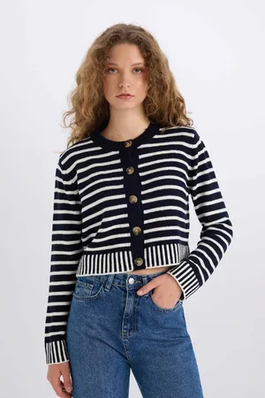 DeFacto Coool Regular Fit Striped Crew Neck Buttoned Knitwear Cardigan