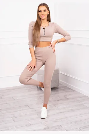 Kesi Žebrovaný crop top set tmavě béžový