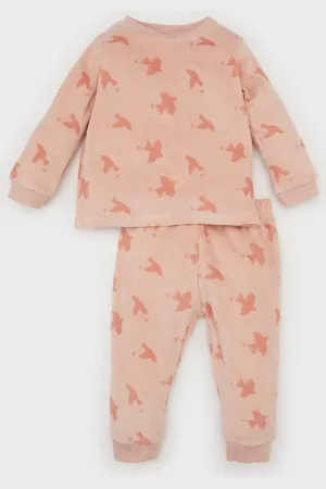 DeFacto Baby Girl Pajama Set Patterned Crew Neck Long Sleeve Velour Top Elastic Waist Long Bottom