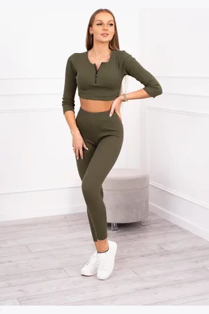 Kesi Žebrovaný crop top set khaki barvy