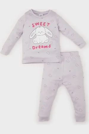 DeFacto Baby Girl Pajama Set Rabbit Printed Long Sleeve Top Elastic Waist Long Bottom