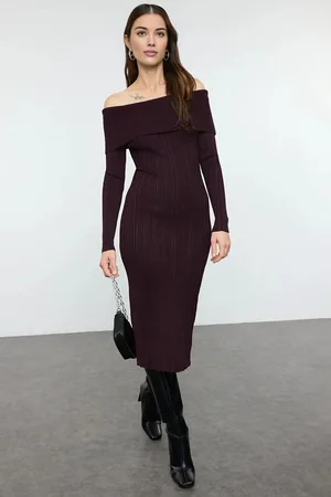 Trendyol Plum Midi Knit Basic Carmen Collar Dress
