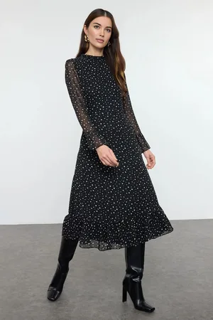 Trendyol Black and White Polka Dot Patterned A-Line Midi Lined Chiffon Woven Winter Dress