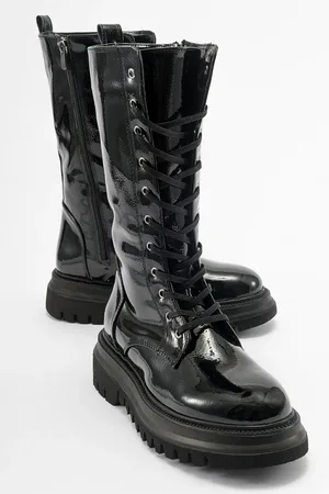LuviShoes PIOLA Black Wrinkled Patent Leather Laced Zipper Women