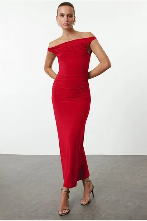 Trendyol Red Fitted Knitted Elegant Evening Dress