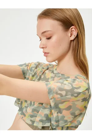 Koton Transparent Crop T-Shirt Sports Short Sleeve Crew Neck Camouflage Patterned