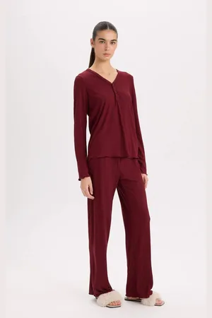 DeFacto Fall In Love Pajama Set V Neck Buttoned Rib Long Sleeve Top Elastic Waist Wide Leg Bottom
