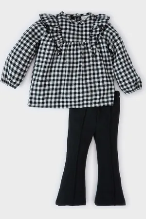DeFacto Baby Girl 2-Piece Set Plaid Long Sleeve Blouse Bell-bottom Leggings