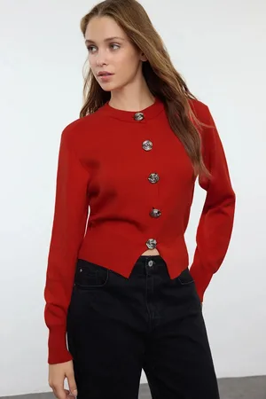 Trendyol Dark Red Premium Yarn/Special Yarn Crop Rose Button Detail Knitted Cardigan