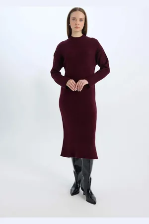 DeFacto Relax Fit Half Turtleneck Midi Knitted Burgundy Dress