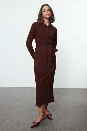 Trendyol Brown Belted Buttoned Polo Collar Knitwear Corduroy Sweater Dress