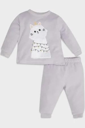 DeFacto Baby Girl Pajama Set Crew Neck Christmas Themed Long Sleeve Velour Top and Elastic Waist Long Bottom