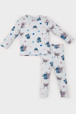DeFacto Baby Girl Pajama Set Disney Lilo & Stitch Crew Neck Long Sleeve Ribbed Camisole Top Waistband Last