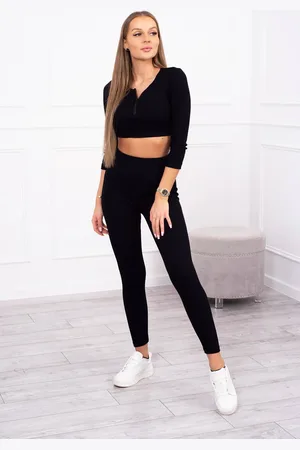 Kesi Žebrovaný crop top set v černé barvě