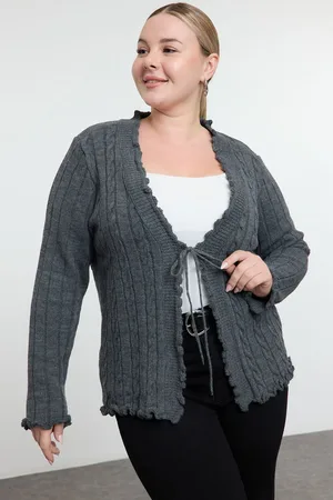 Trendyol Curve Anthracite Hair Knit Patterned Tied Knitwear Cardigan