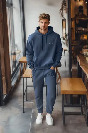 Trendyol Indigo Oversize/Wide Cut Hooded Embroidered Inside Polar Fleece Sweatshirt Tracksuit