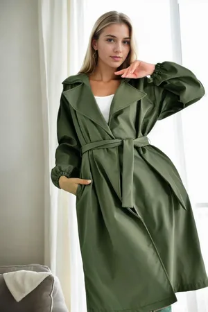 Dewberry 40345 Belted Balloon Sleeve Women Trenchcoat-Khaki