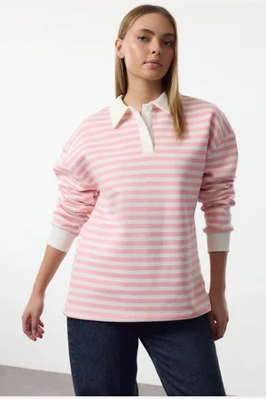 Trendyol Pink Striped Polo Neck Thick Polar Fleece Oversize Knitted Sweatshirt