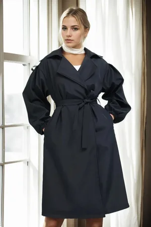 Dewberry 40345 Belted Balloon Sleeve Women Trenchcoat-BLACK