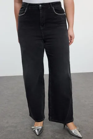 Trendyol Curve Anthracite High Waist Pockets Stoned Wide Leg Plus Size Jeans