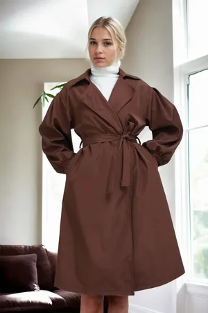 Dewberry 40345 Belted Balloon Sleeve Women Trenchcoat-COFFEE