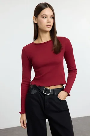 Trendyol Claret Red Fitted/Body-Sit Crop Ribbed Flexible Knit Blouse