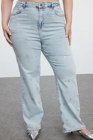 Trendyol Curve Light Blue High Waist Star Printed Straight Fit Plus Size Jeans