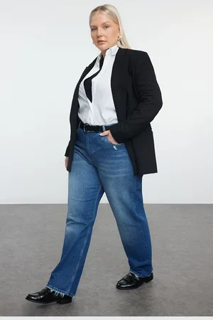 Trendyol Curve Blue High Waist Destroy Detailed Relax Straigt Fit Plus Size Jeans