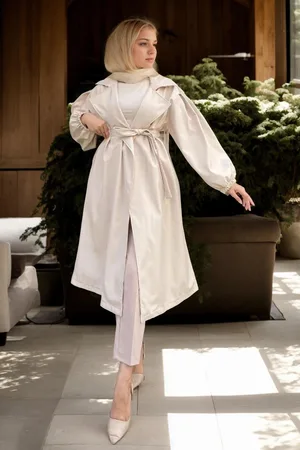 Dewberry 40345 Belted Balloon Sleeve Women Trenchcoat-BEIGE