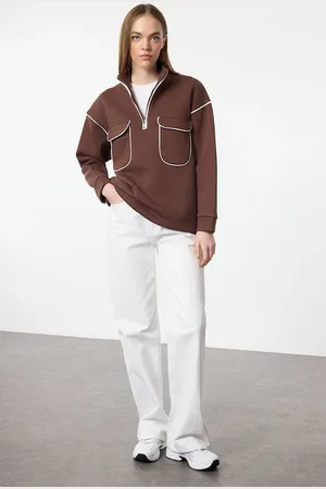Trendyol Brown Zipper and Pocket Detail Oversize Sweatshirt