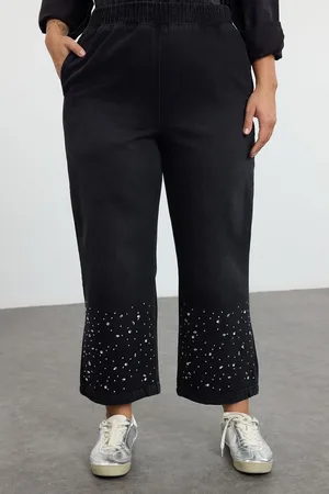 Trendyol Curve Anthracite Elastic Waist Stoned Straight Fit Plus Size Jeans