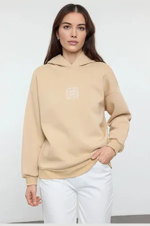 Trendyol Beige Oversize/Wide Pattern Embroidered Thick Polar Fleece Knitted Sweatshirt