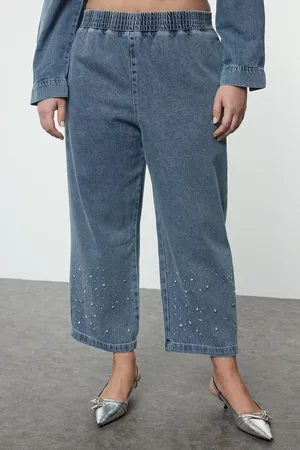 Trendyol Curve Light Blue Elastic Waist Stoned Straight Fit Plus Size Jeans