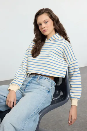 Trendyol Blue Striped Hooded Regular/Normal Pattern Knitted Sweatshirt