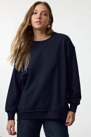 Trendyol Navy Blue Thick Fleece Inside Oversize/Wide Fit Knitted Sweatshirt