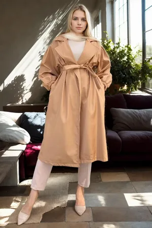 Dewberry 40345 Belted Balloon Sleeve Women Trenchcoat-CAMEL